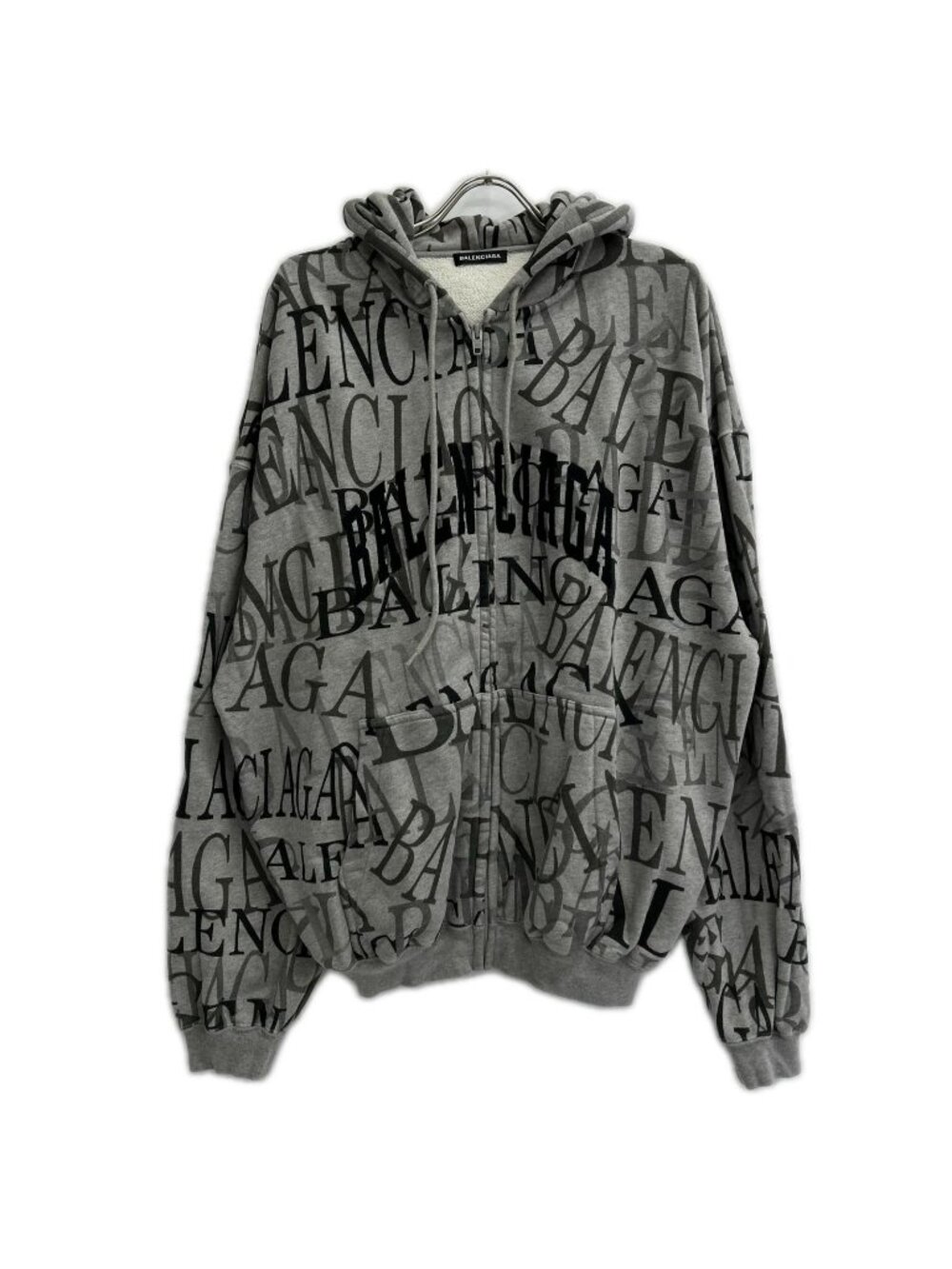 Balenciaga Gray All Over Print Random Logo Zip Up Hoodie